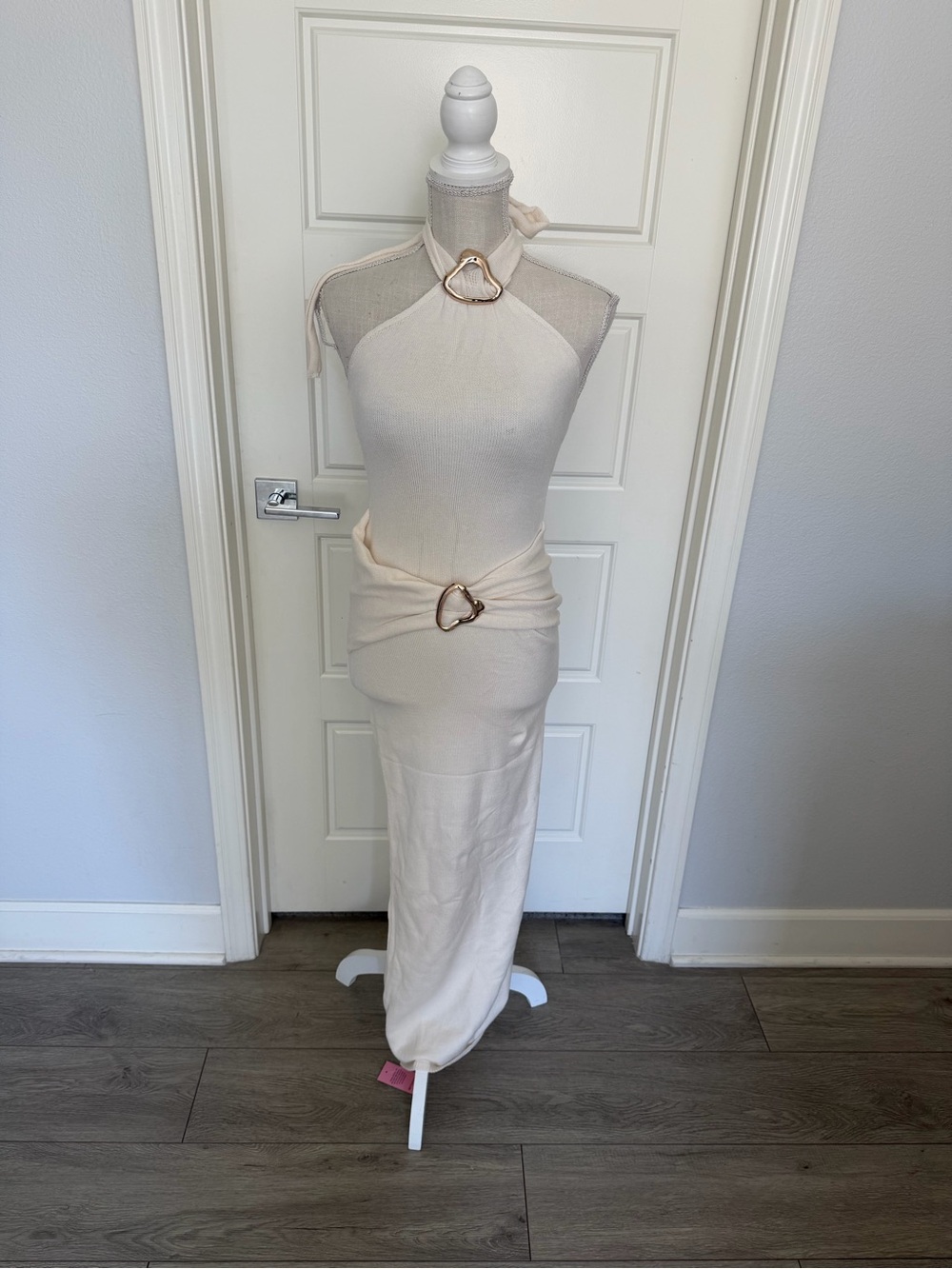Cream Halter Maxi Dress with Gold Ring Accents